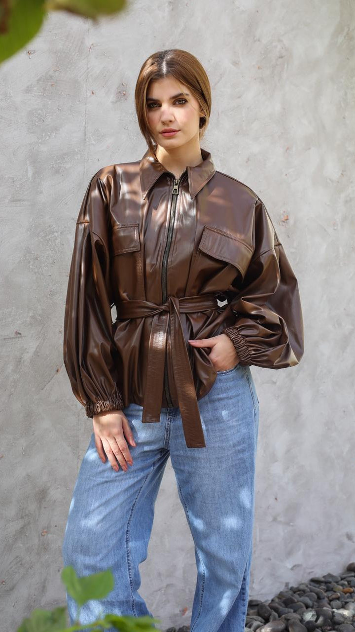 Fab Bomber leather Brown Jacket