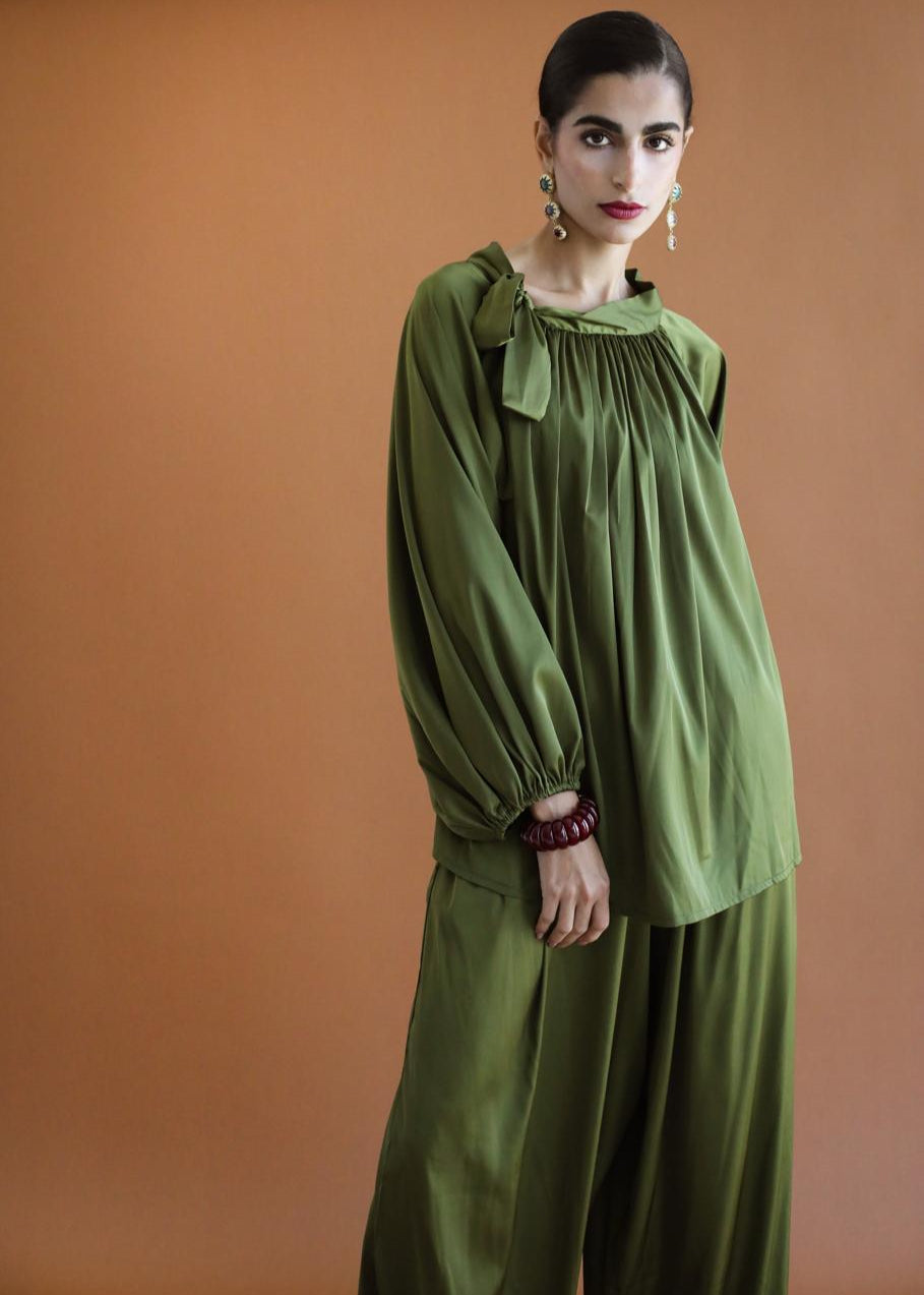 Galaxy Olive Green Draped Blouse