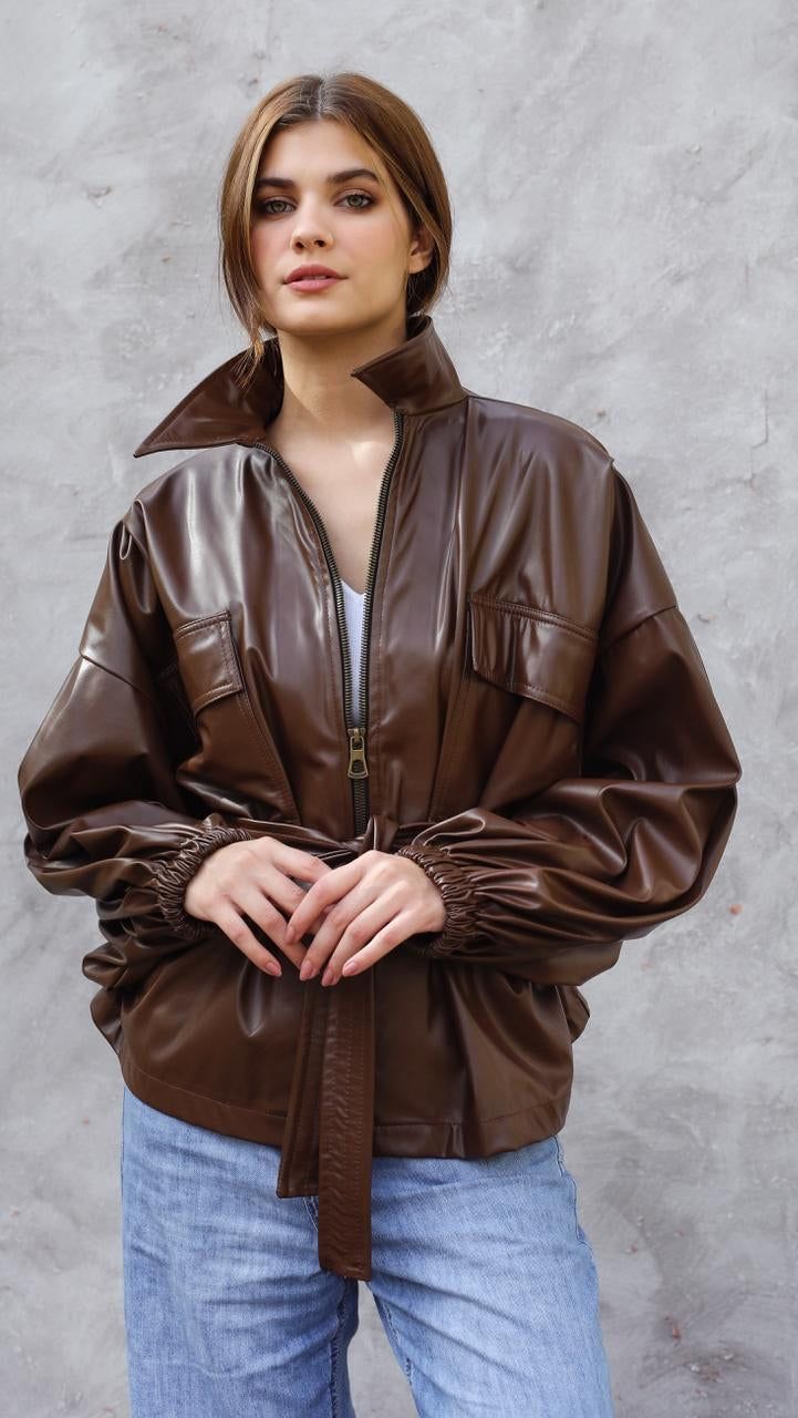 Fab Bomber leather Brown Jacket