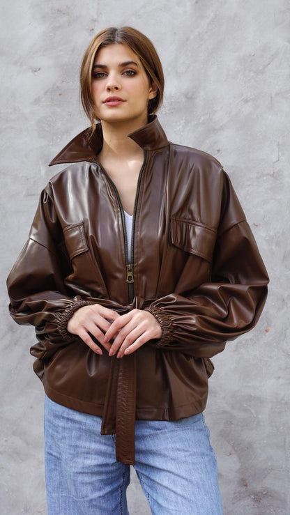 Fab Bomber leather Brown Jacket