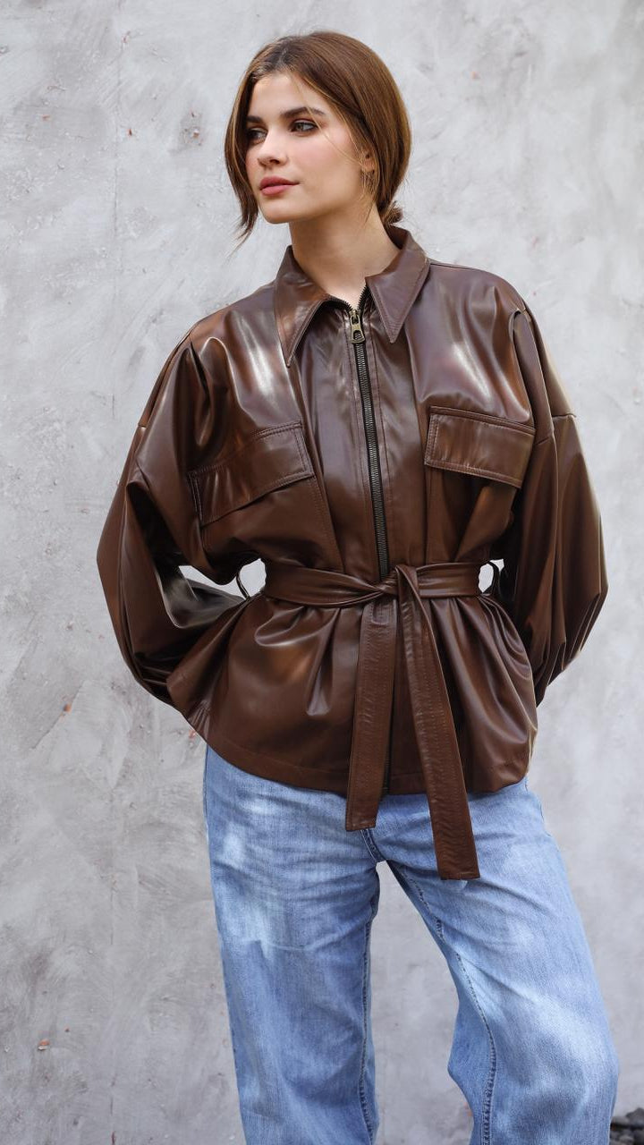 Fab Bomber leather Brown Jacket