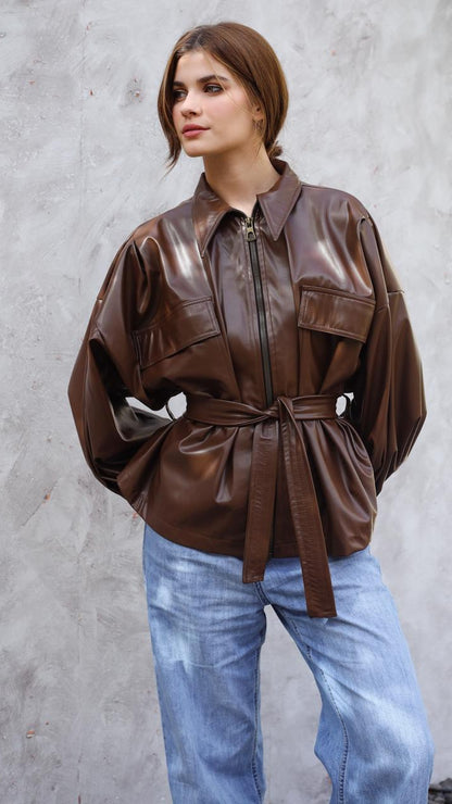 Fab Bomber leather Brown Jacket