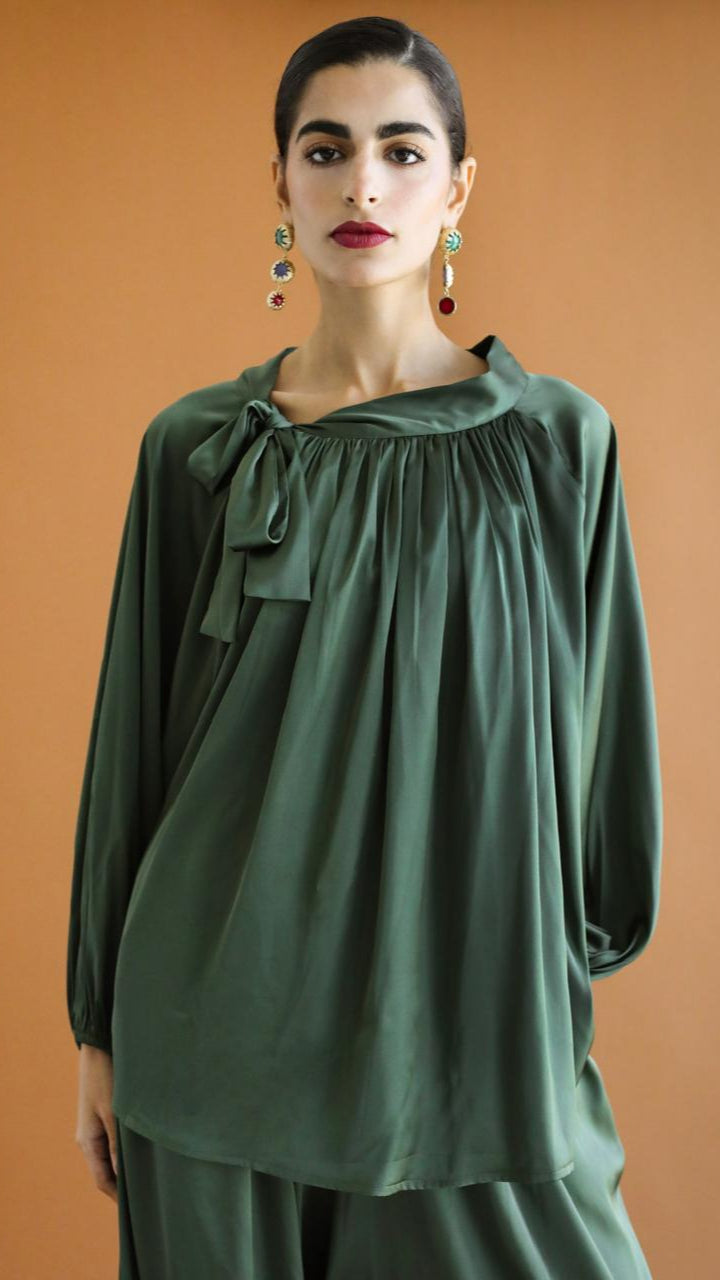 Galaxy Dark Green Draped Blouse