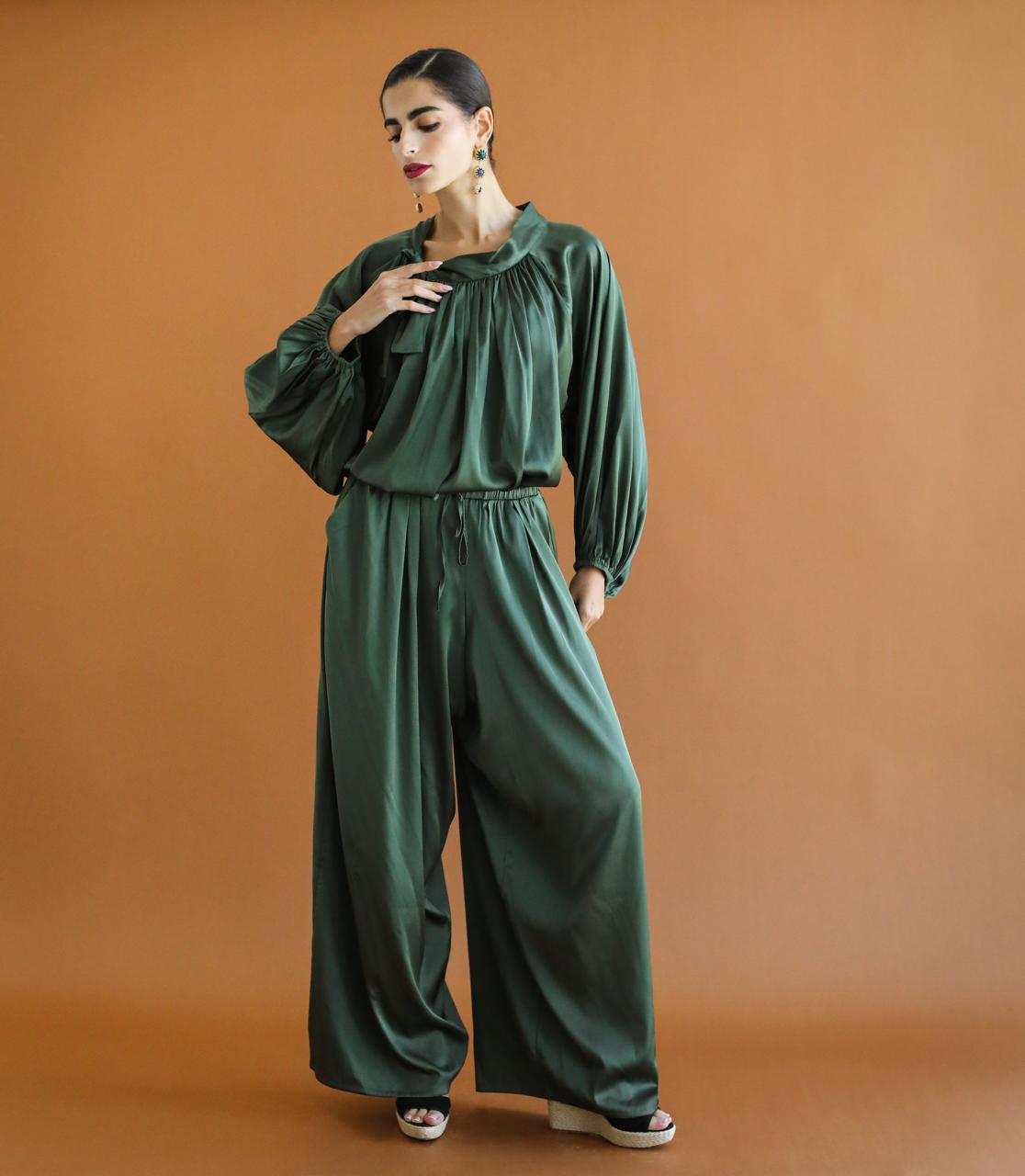 Galaxy Satin Green Palazzo Pants