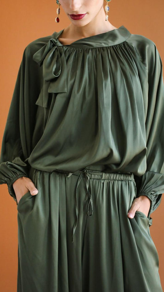 Galaxy Dark Green Draped Blouse