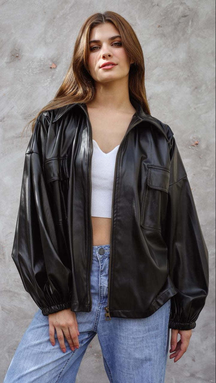 Fab Bomber leather Black Jacket
