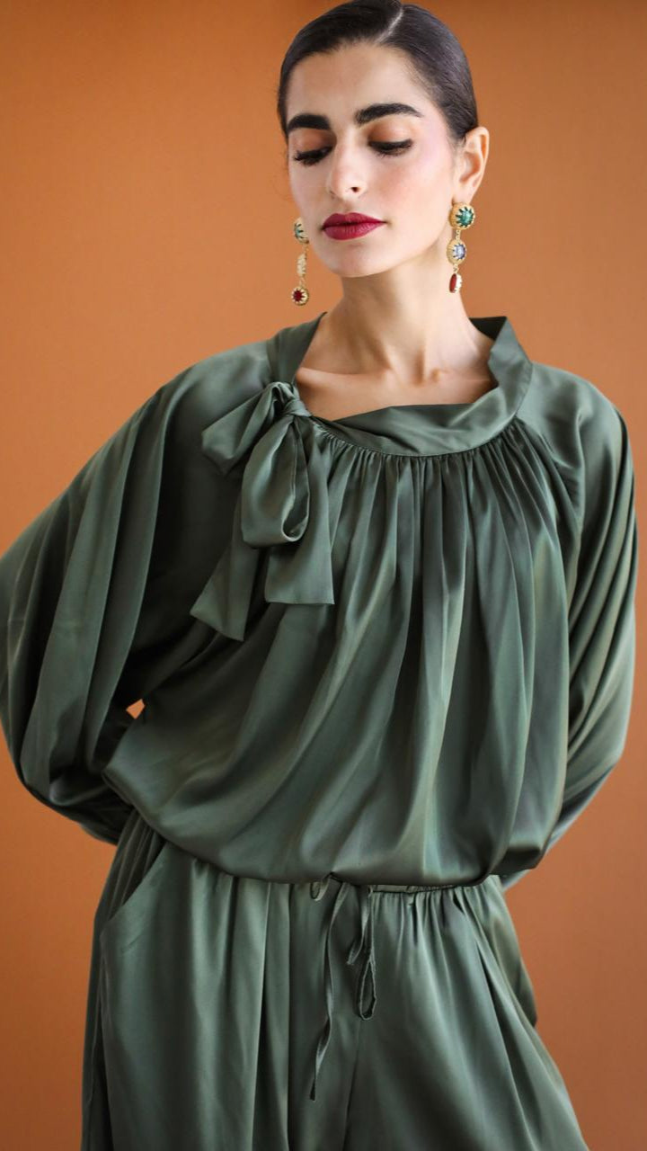 Galaxy Dark Green Draped Blouse