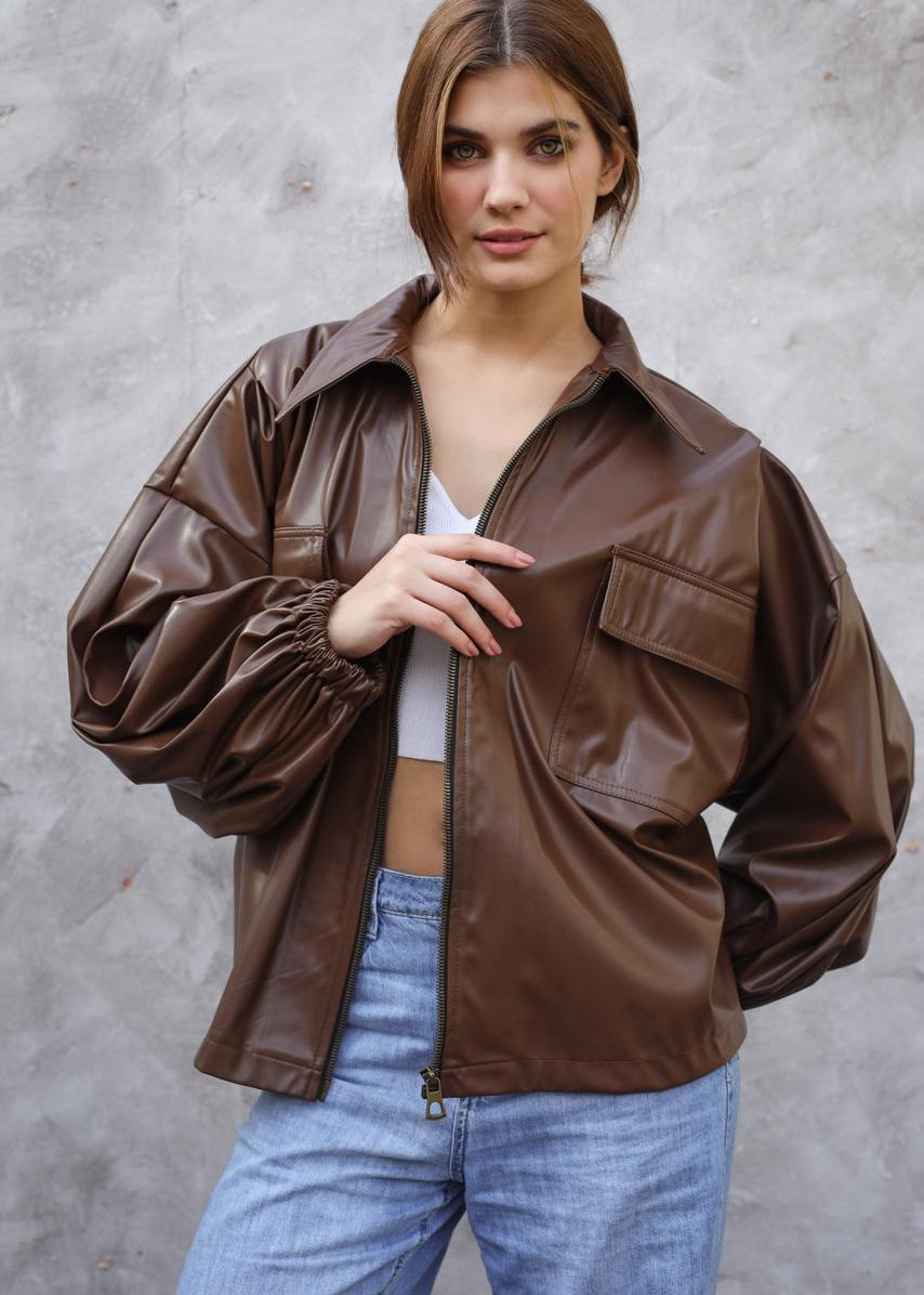 Fab Bomber leather Brown Jacket
