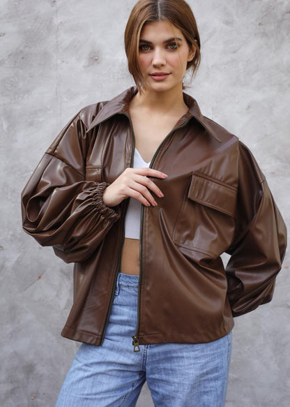 Fab Bomber leather Brown Jacket